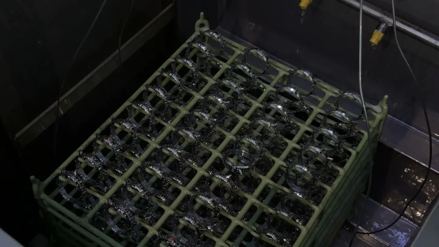 Watch cases arranged on a processing rack