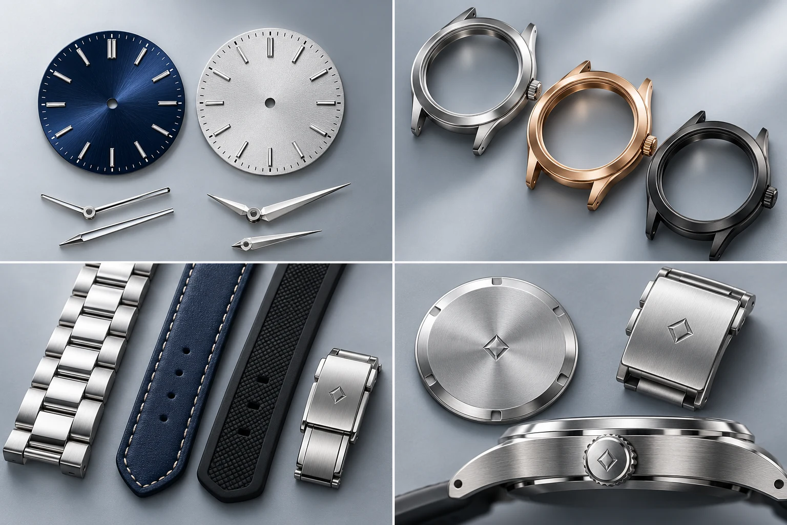 Customization concepts showing dial and hand styles, three case finishes, strap options and engraved branding positions
