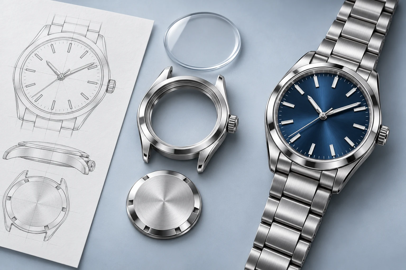 Design concept showing watch sketches, steel case components and a finished blue-dial watch