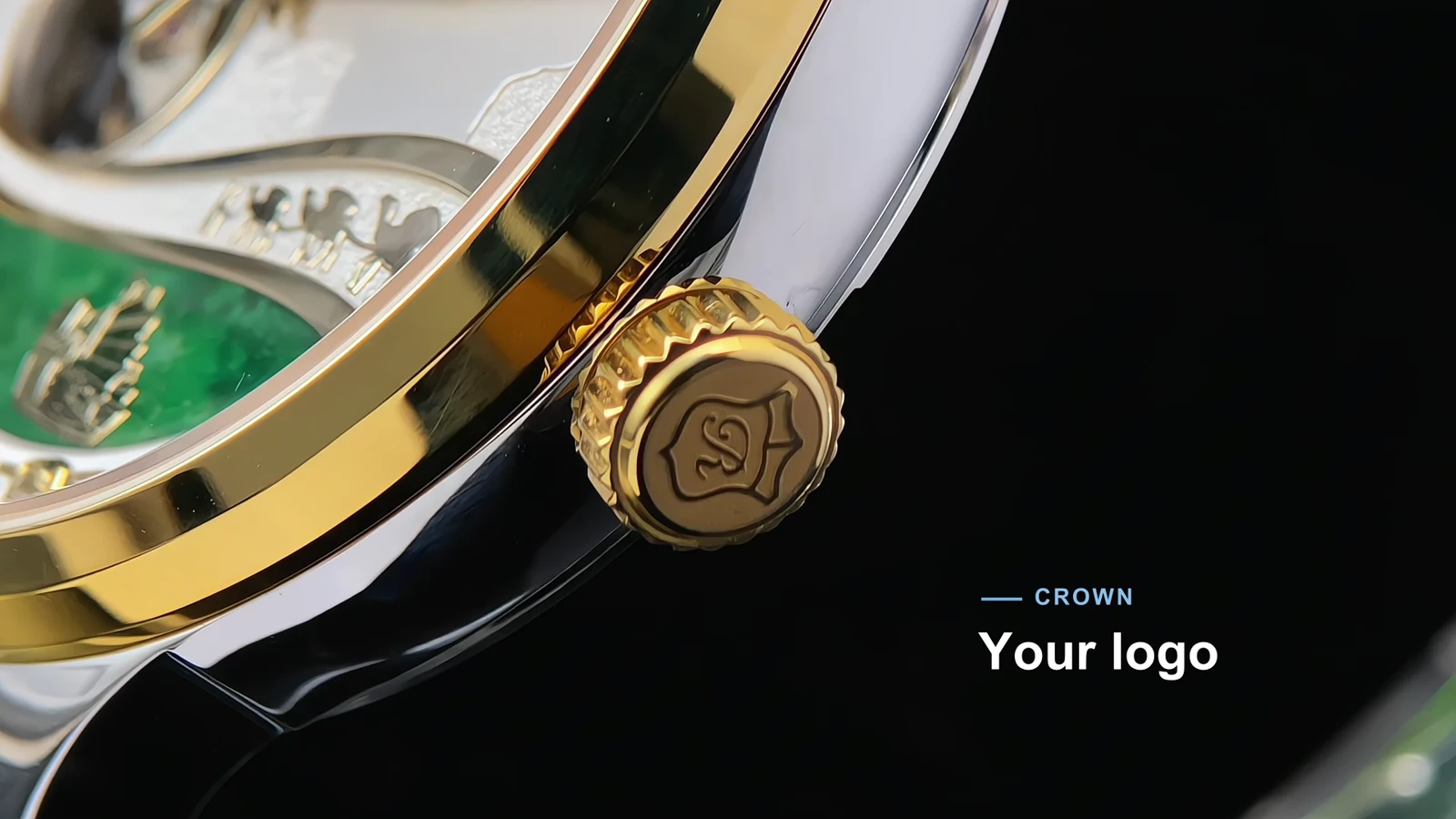 RG7062A crown close-up with a logo customization prompt
